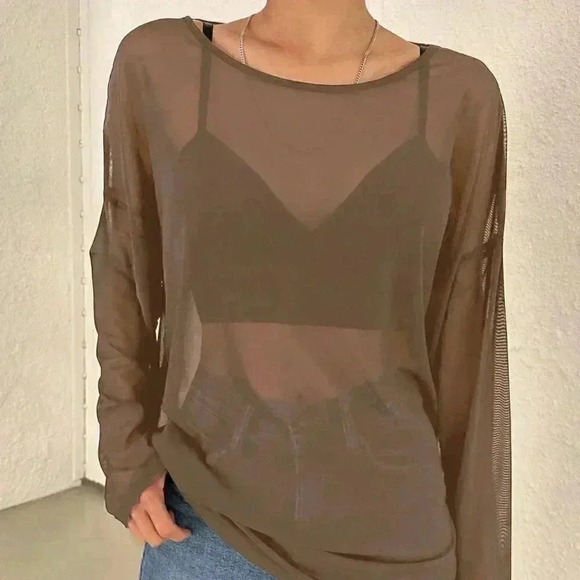 Brown Boho Women's Solid Color Loose Fit Long Sleeve Round Neck Lightwei… - Picture 3 of 4